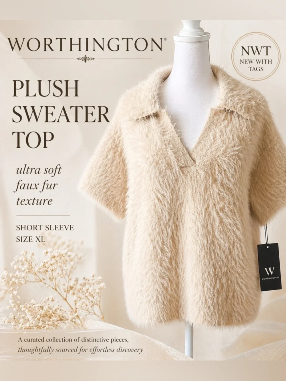 Worthington Plush Faux Fur V-Neck Sweater Top - Cream NWT